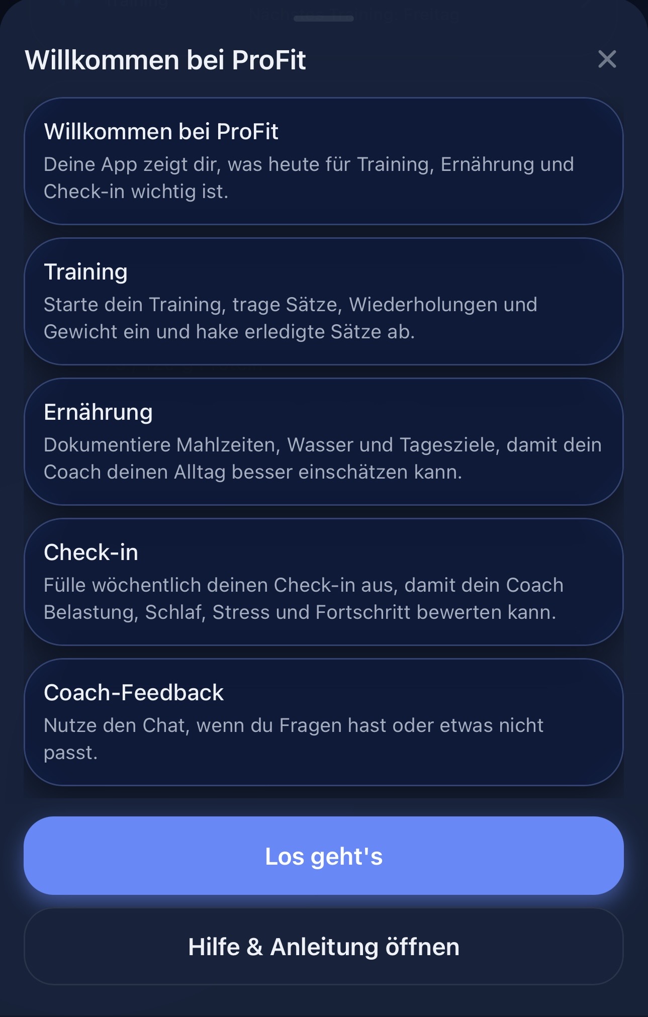 ProFit App Kunden-Dashboard