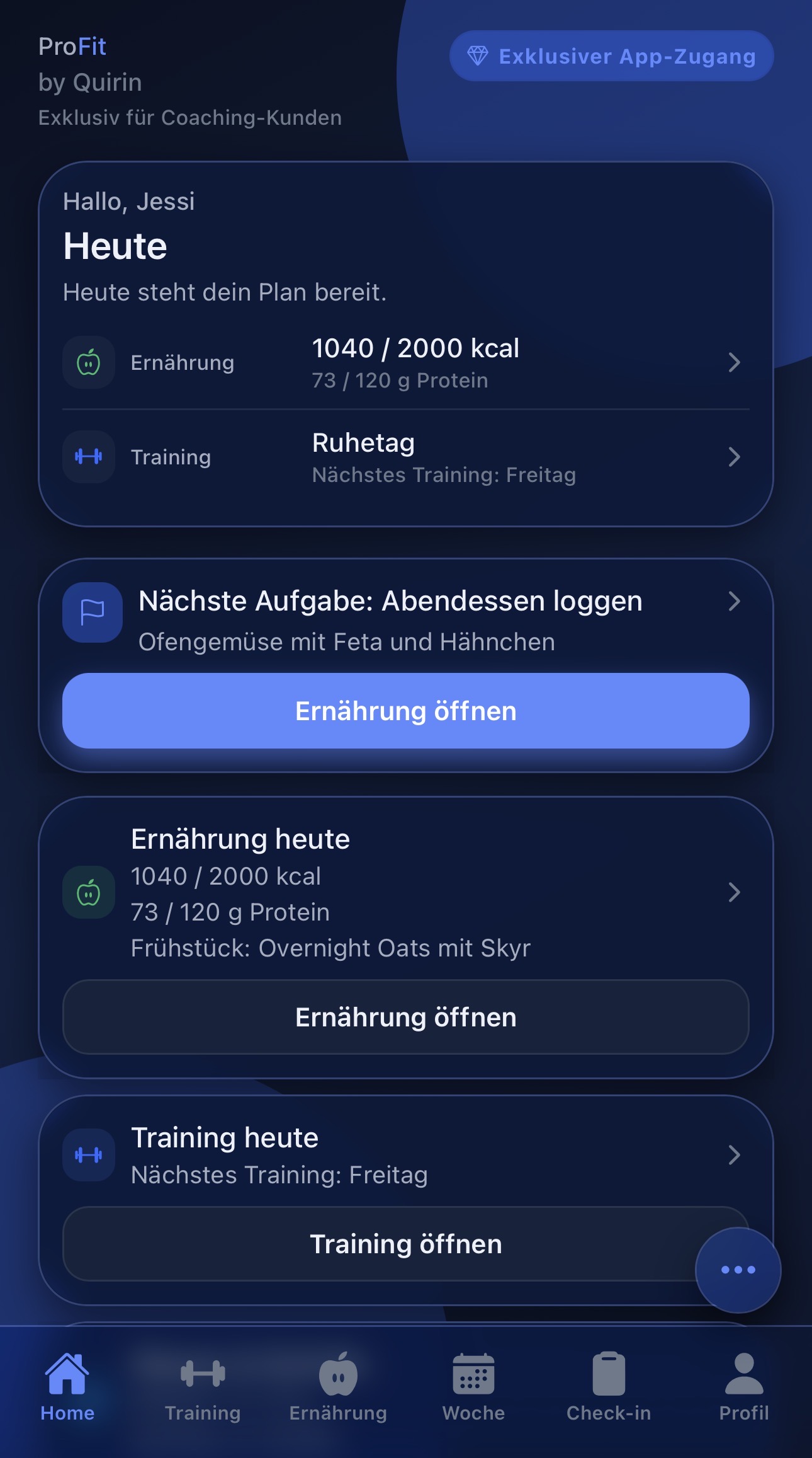 ProFit App Ernährungs- und Trainingsübersicht